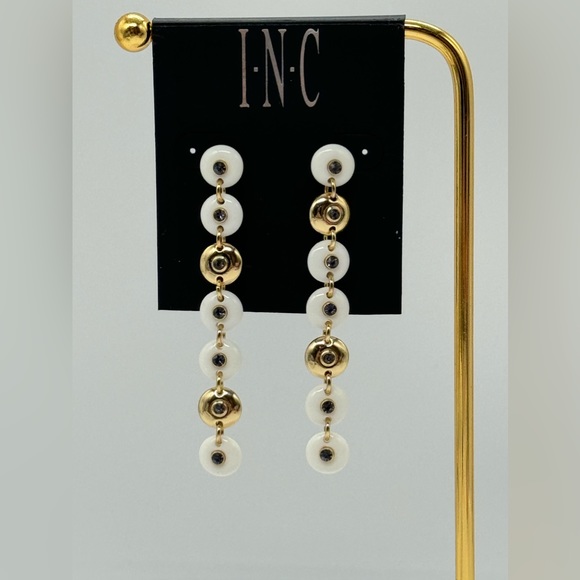 INC Drop Down Stone with Embedded Crystal Dangling Earrings in Gold Tone 3in - Picture 2 of 10